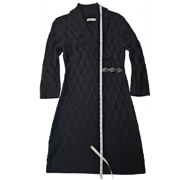 Calvin Klein Black Shawl Collar Chunky Cable Knit Sweater Faix Wrap Dress - Picture 10 of 16